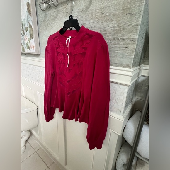 NWT new medium Anthropologie cutwork swing top red pink wine long sleeve lace - Picture 8 of 17